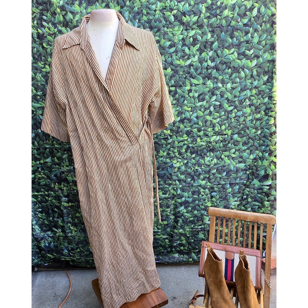 Zara Striped Wrap Tunic Top Womens Large Brown White Button Side Tie Midi